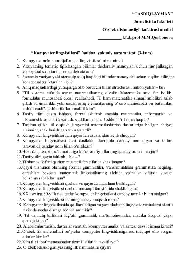 Kompyuter lingvistikasi yakuniy nazorat testi