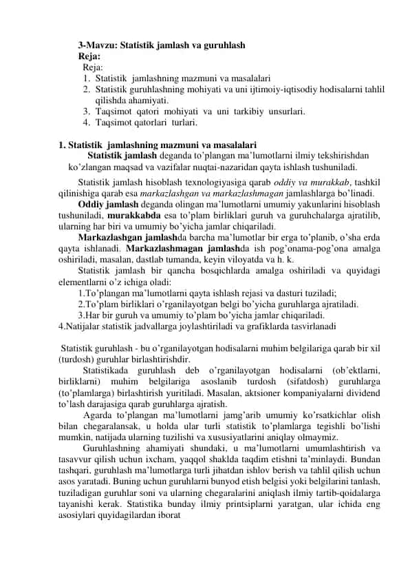 Statistik jamlash va guruhlash
