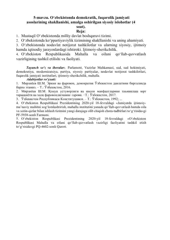 O‘zbekistonda demokratik, fuqarolik jamiyati asoslarining shakllanishi, amalga oshirilgan siyosiy islohotlar