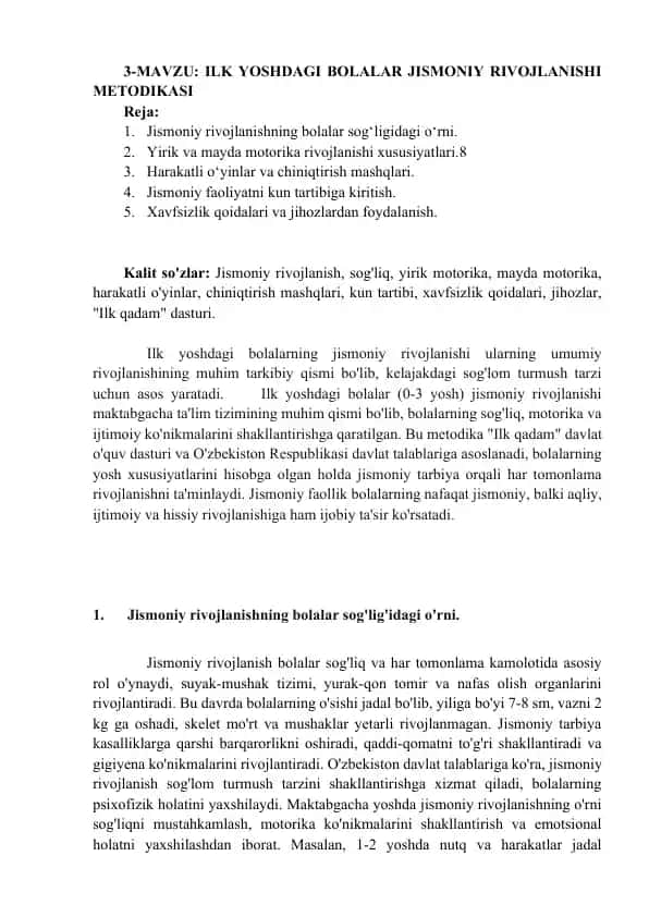 Ilk Yoshdagi Bolalar Jismoniy Rivojlanishi Metodikasi