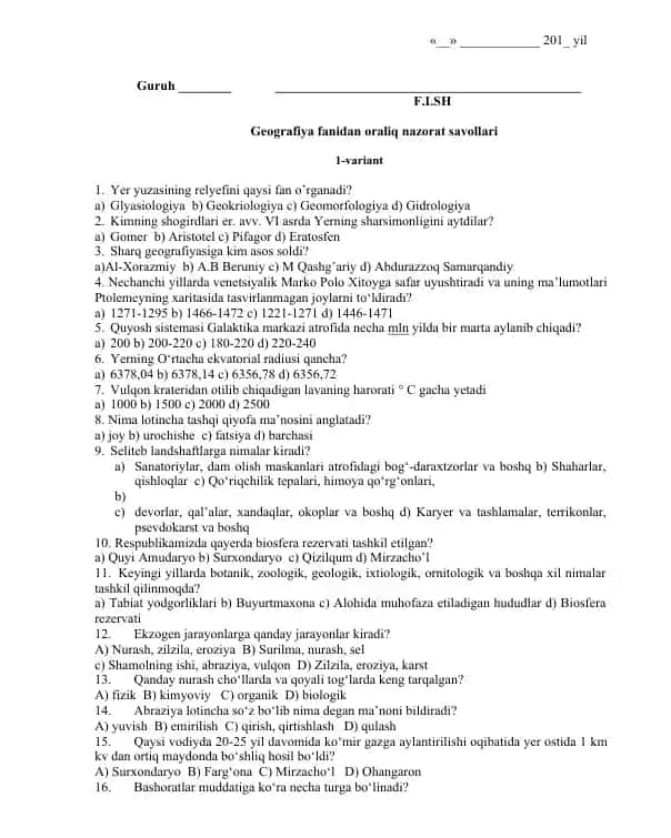 Geografiya fanidan Oraliq nazorat savollari