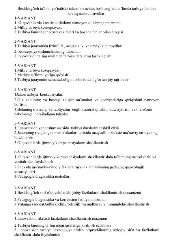 Boshlang’ich ta’limda tarbiya fanidan oraliq nazorat savollari