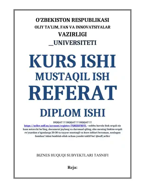 BIZNES HUQUQI SUBYEKTLARI TASNIFI