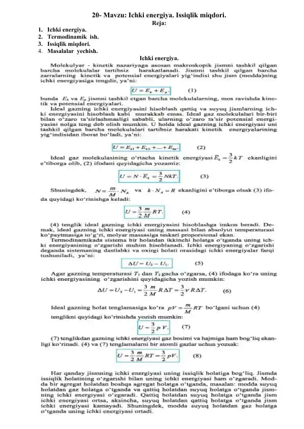 Ichki energiya. Issiqlik miqdori.