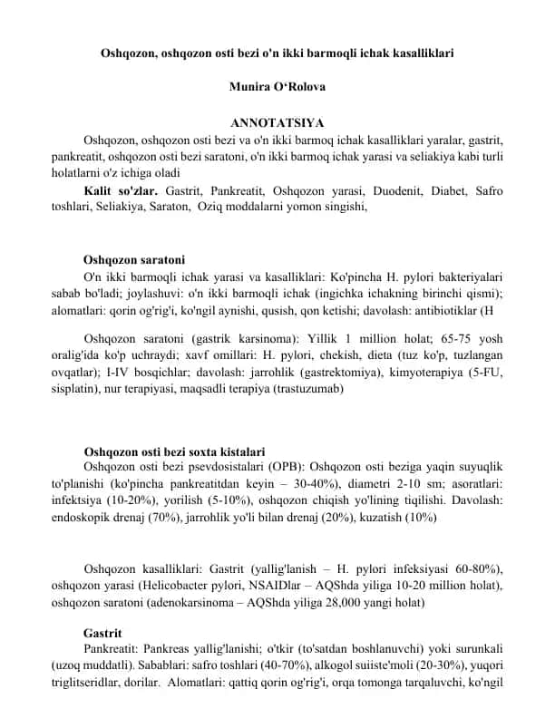 Oshqozon, oshqozon osti bezi o'n ikki barmoqli ichak kasalliklari