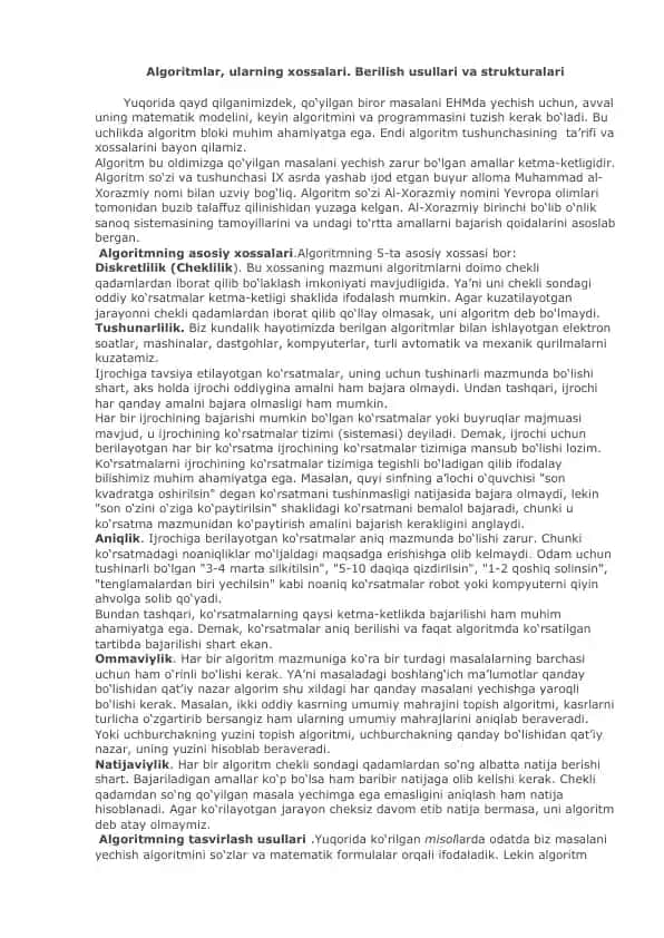 Algoritmlar va ularning xossalari