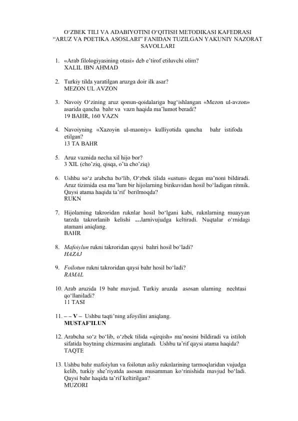 "Aruz va Poetika Asoslari fanidan Tuzilgan Yakuniy Nazorat Savollari"