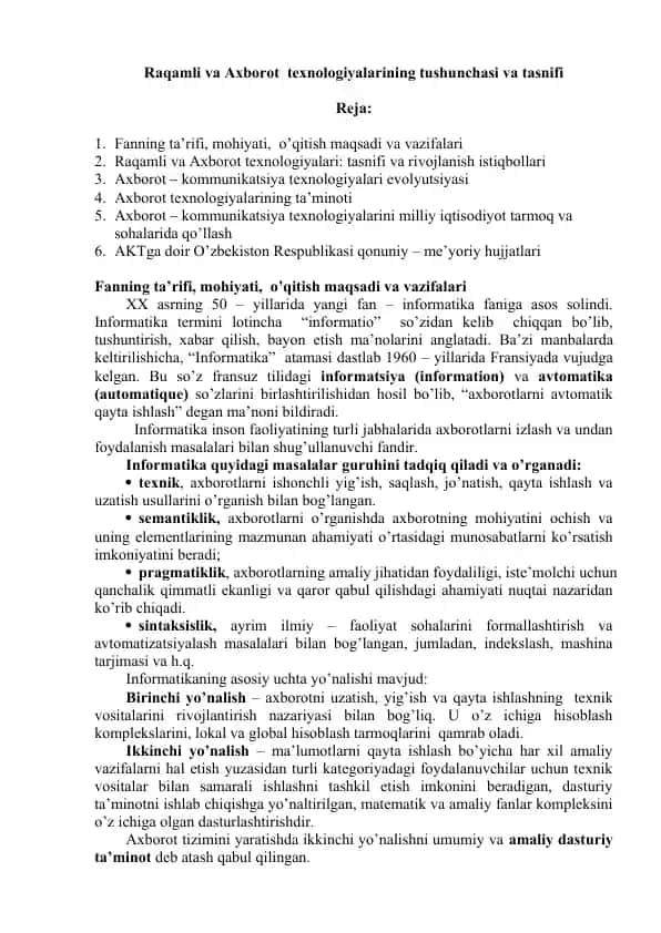 Raqamli va Axborot texnologiyalarining tushunchasi va tasnifi