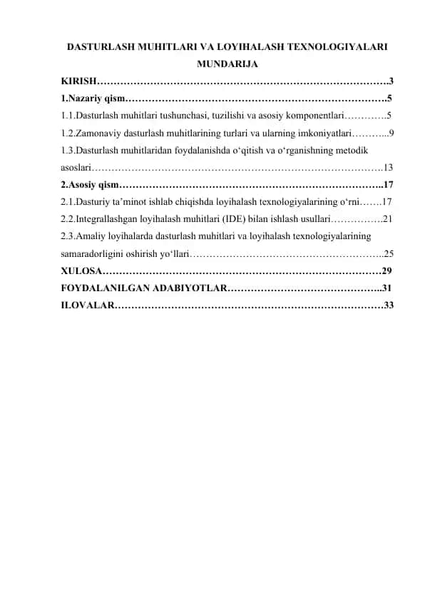 DASTURLASH MUHITLARI VA LOYIHALASH TEXNOLOGIYALARI