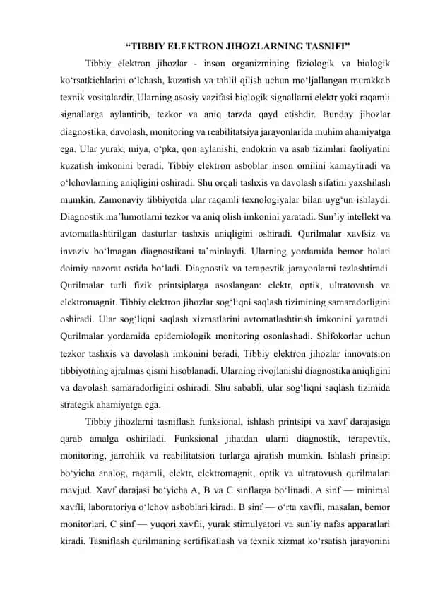 Tibbiy elektron jihozlar tasnifi