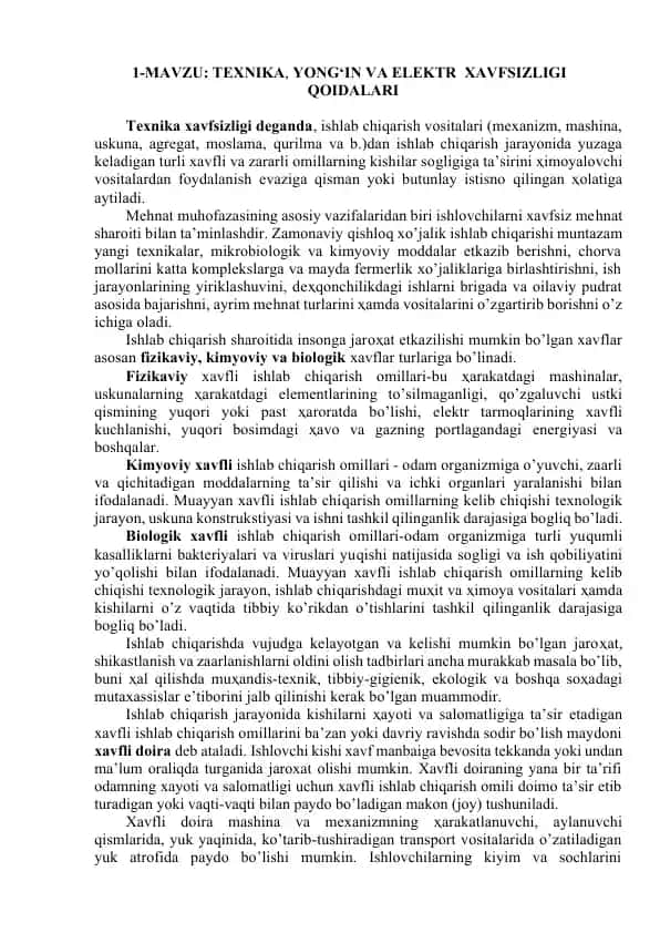 1-MAVZU: Texnika, yong‘in va elektr xavfsizligi qoidalari