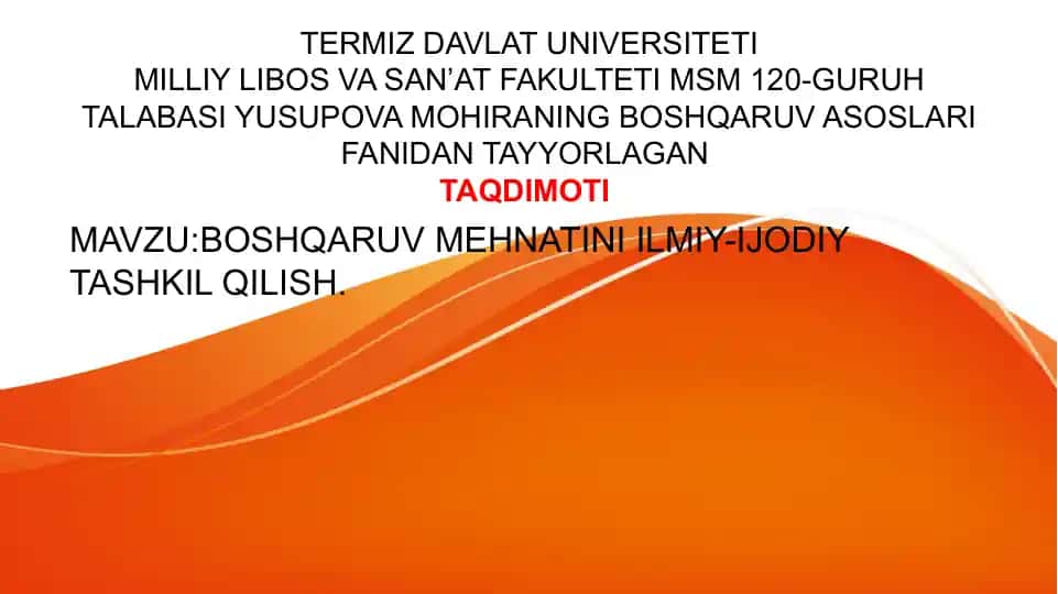 Boshqaruv Mehnati Ilmiy-Ijodiy Tashkil Qilish