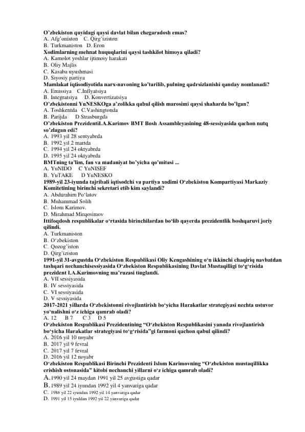 O'zbekiston Davlati haqida savollar va javoblar