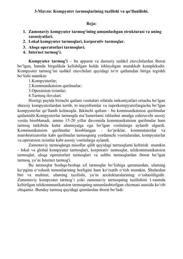 Kompyuter tarmoqlarining tuzilishi va qo‘llanilishi
