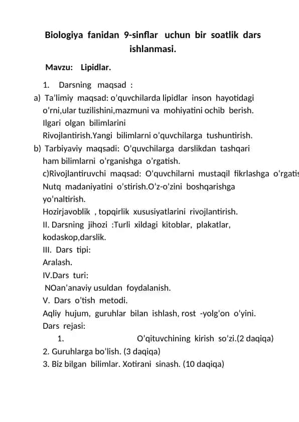 Biologiya fanidan 9-sinflar uchun bir soatlik lipidlar darsi