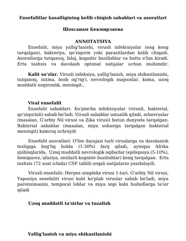 Ensefalitlar kasalligining kelib chiqish sabablari va asoratlari