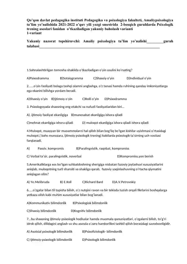 Psixologik trening asoslari fanidan yakuniy baholash varianti