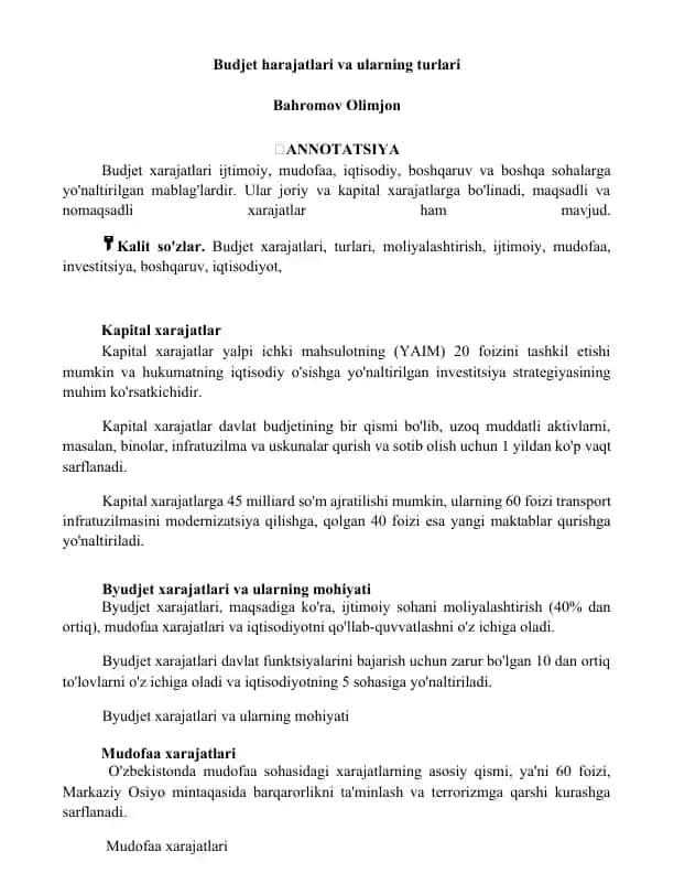 Budjet harajatlari va ularning turlari