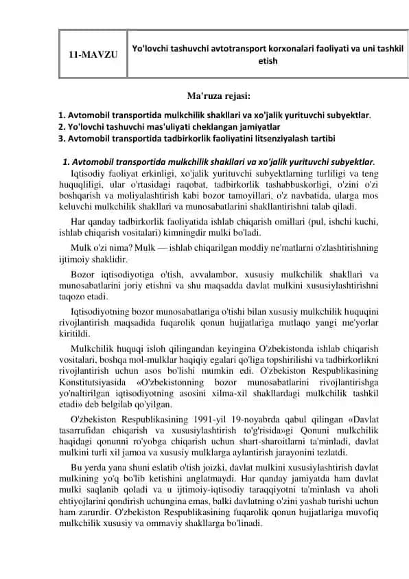 Avtotransport korxonalari faoliyati va tashkil etish