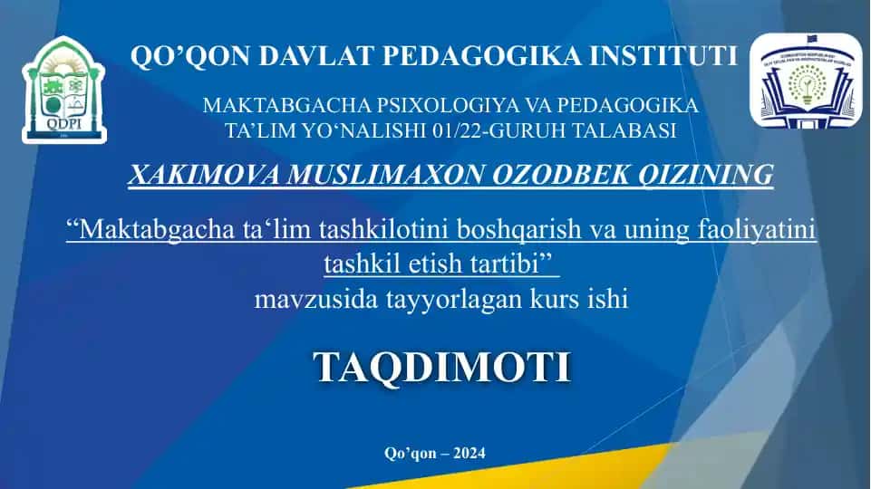 "Maktabgacha ta'lim tashkilotini boshqarish va uning faoliyatini tashkil etish tartibi"