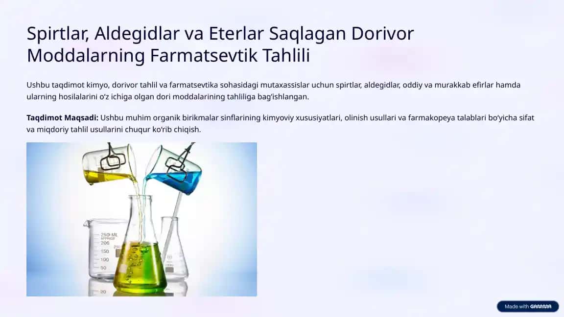 Spirtlar, Aldegidlar va Eterlar Saqlagan Dorivor Moddalarning Farmatsevtik Tahlili