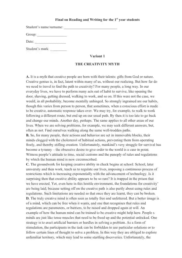 Final on Reading and Writing for the 1st year students