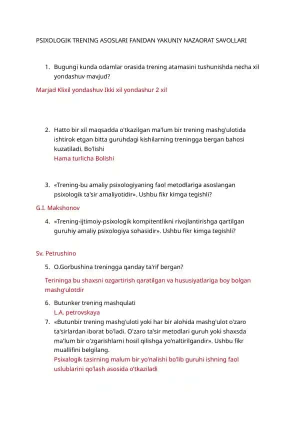 PSIXOLOGIK TRENING ASOSLARI FANIDAN YAKUNIY NAZAORAT SAVOLLARI