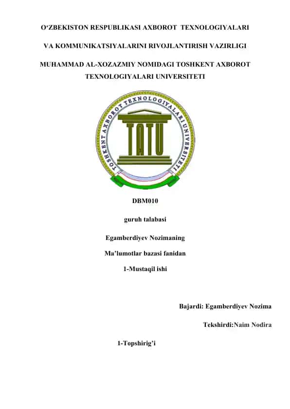 Toshkent Axborot Texnologiyalari Universiteti DBM010