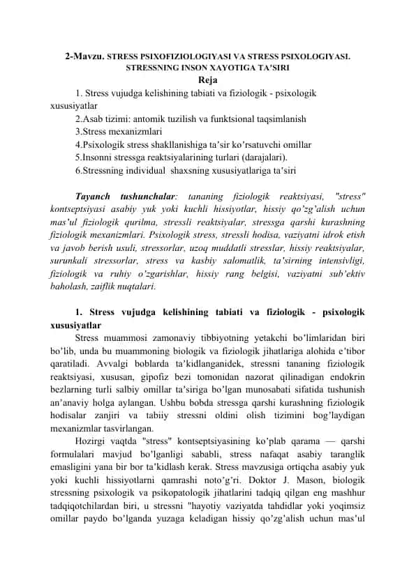 Stress Psixofiziologiyasi va Stress Psixologiyasi