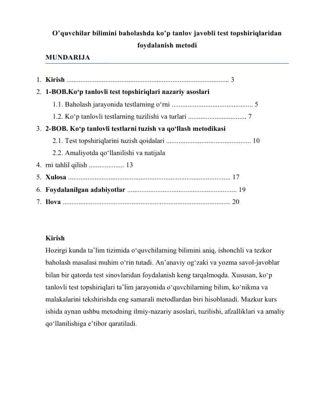 O’quvchilar bilimini baholashda ko’p tanlov javobli test topshiriqlaridan foydalanish metodi