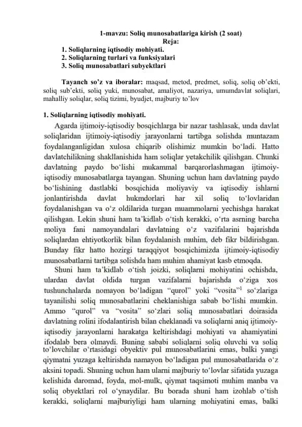 Soliq munosabatlariga kirish (2 soat)