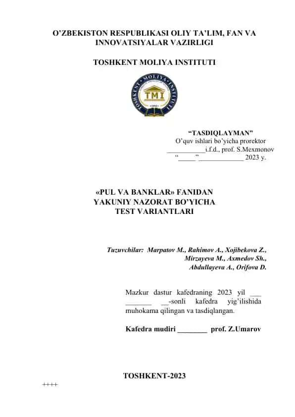 "Pul va Banklar" faniga oid test variantlari
