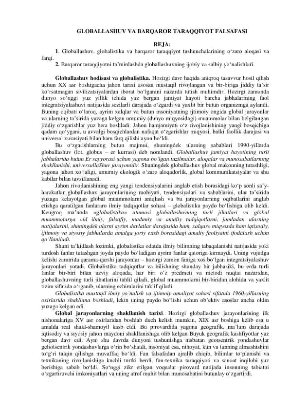 Globallashuv va Barqaror Taraqqiyot Falsafasi