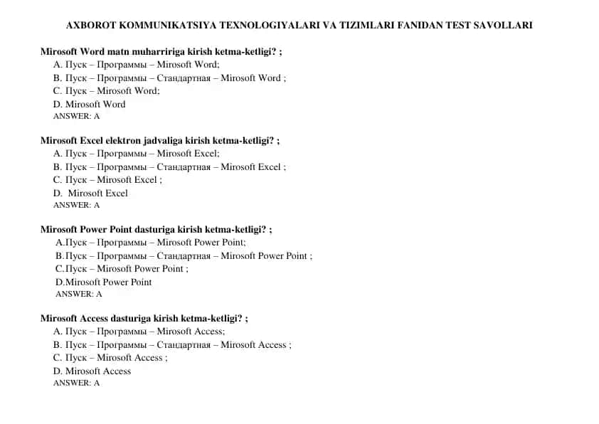 AXBOROT KOMMUNIKATSIYA TEXNOLOGIYALARI VA TIZIMLARI FANIDAN TEST SAVOLLARI