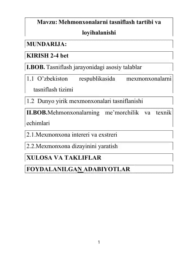 Mehmonxonalarni tasniflash tartibi va loyihalanishi
