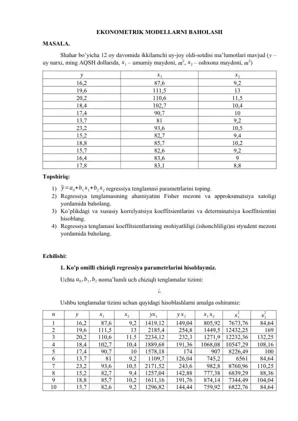 EKONOMETRIK MODELLARNI BAHOLASH