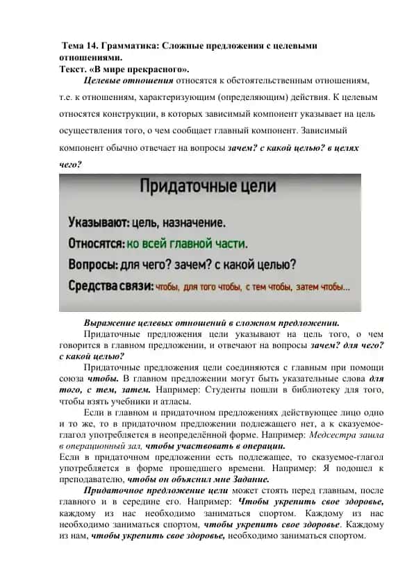 Тема 14. Грамматика: Сложные предложения с целевыми отношениями