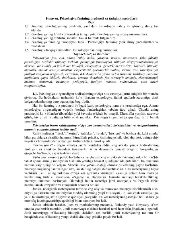 Psixologiya fanining predmeti va tadqiqot metodlari
