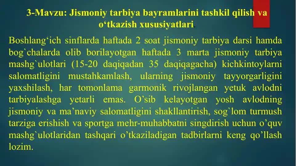 Jismoniy tarbiya bayramlarini tashkil qilish va o‘tkazish xususiyatlari