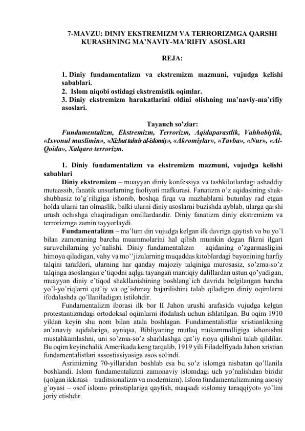 Diniy Ekstremizm va Terrorizmga Qarshi Kurashning Ma’naviy-Ma’rifiy Asoslari