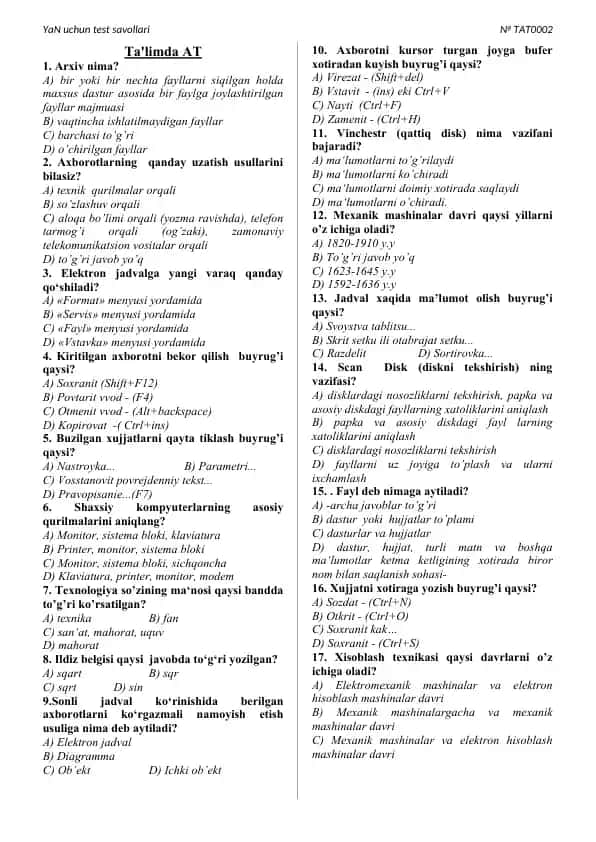 YaN uchun test savollari