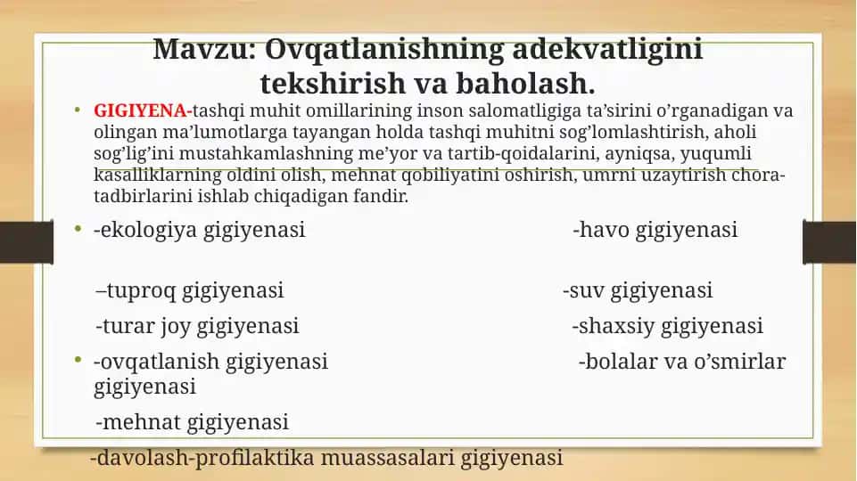 Ovqatlanishning adekvatligini tekshirish va baholash