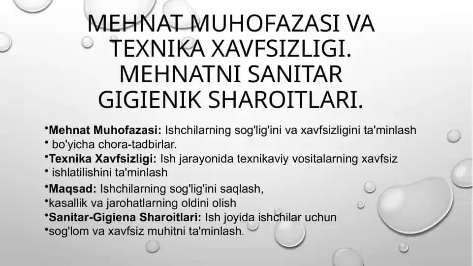 Mehnat Muhofazasi va Texnika Xavfsizligi. Mehnatni sanitar gigienik sharoitlari.