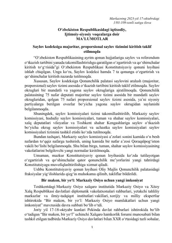"Saylov kodeksiga majoritar, proporsional saylov tizimini kiritish"