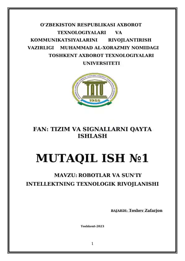 ROBOTLAR VA SUN’IY INTELLEKTNING TEXNOLOGIK RIVOJLANISHI