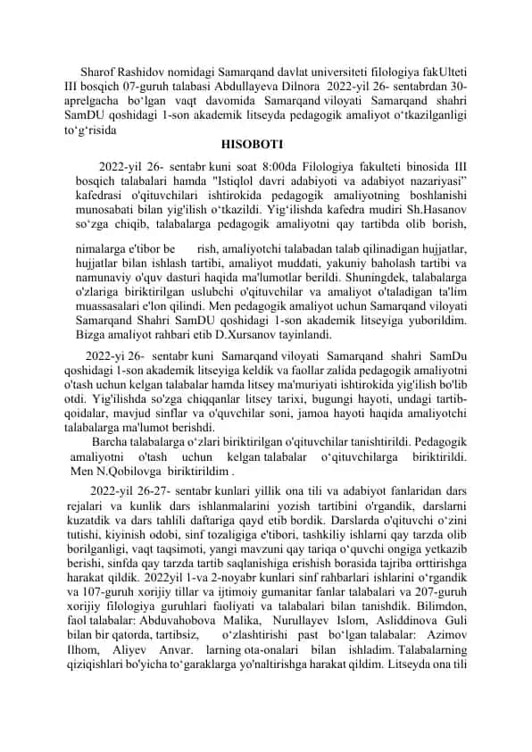 Pedagogik amaliyot yig'ilishi hisoboti