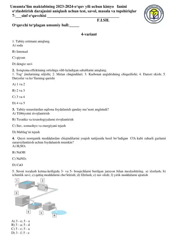 Kimyo fanidan test savollari