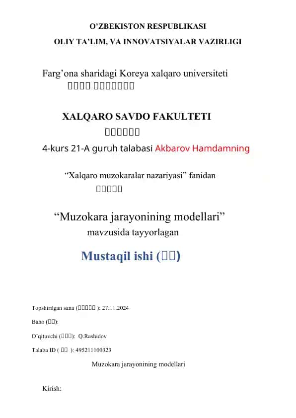 Muzokara jarayonining modellari