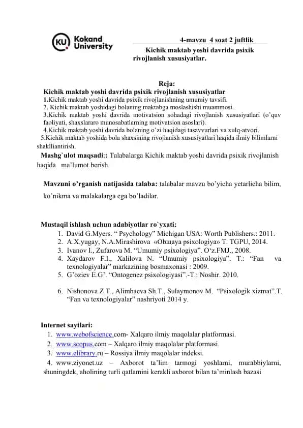 Kichik maktab yoshi davrida psixik rivojlanish xususiyatlar
