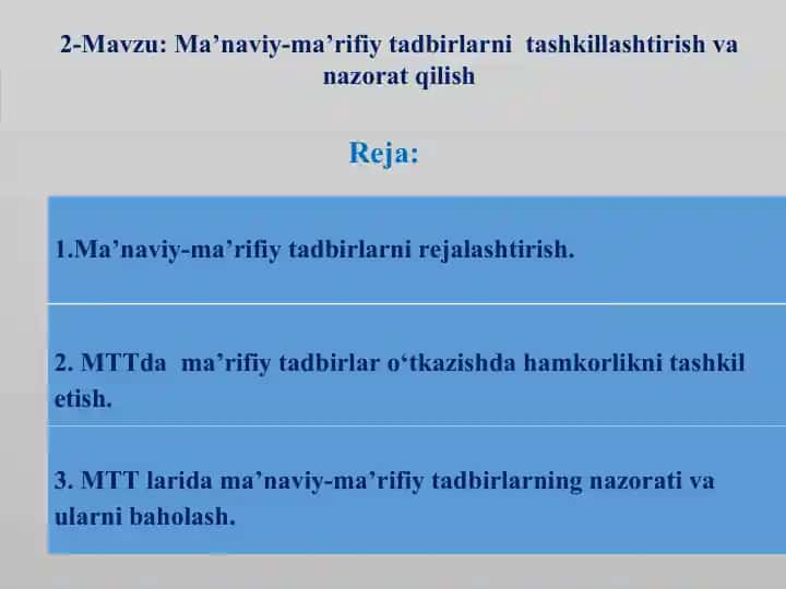 Ma’naviy-ma’rifiy tadbirlarni tashkillashtirish va nazorat qilish